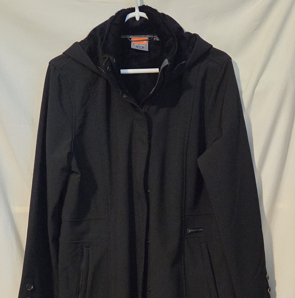 Merrell Soft Shell Fleece Lined Hooded Trench Coat Black XL Aeroblock EUC - Picture 2 of 12